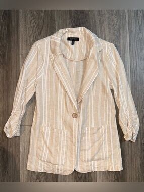 Ellen Tracy Beige Striped Linen Blend Blazer with Ruched Sleeves Size Small